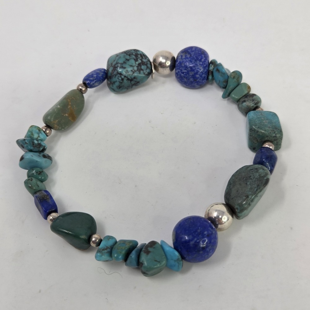 Shube Dakota West Chunky Turquoise Lapis Lazuli Sterling Silver Stretch Bracelet - Picture 7 of 8